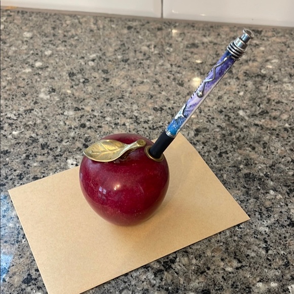 Vintage Marble swirl and brass Red Apple Pencil holder - Picture 2 of 2